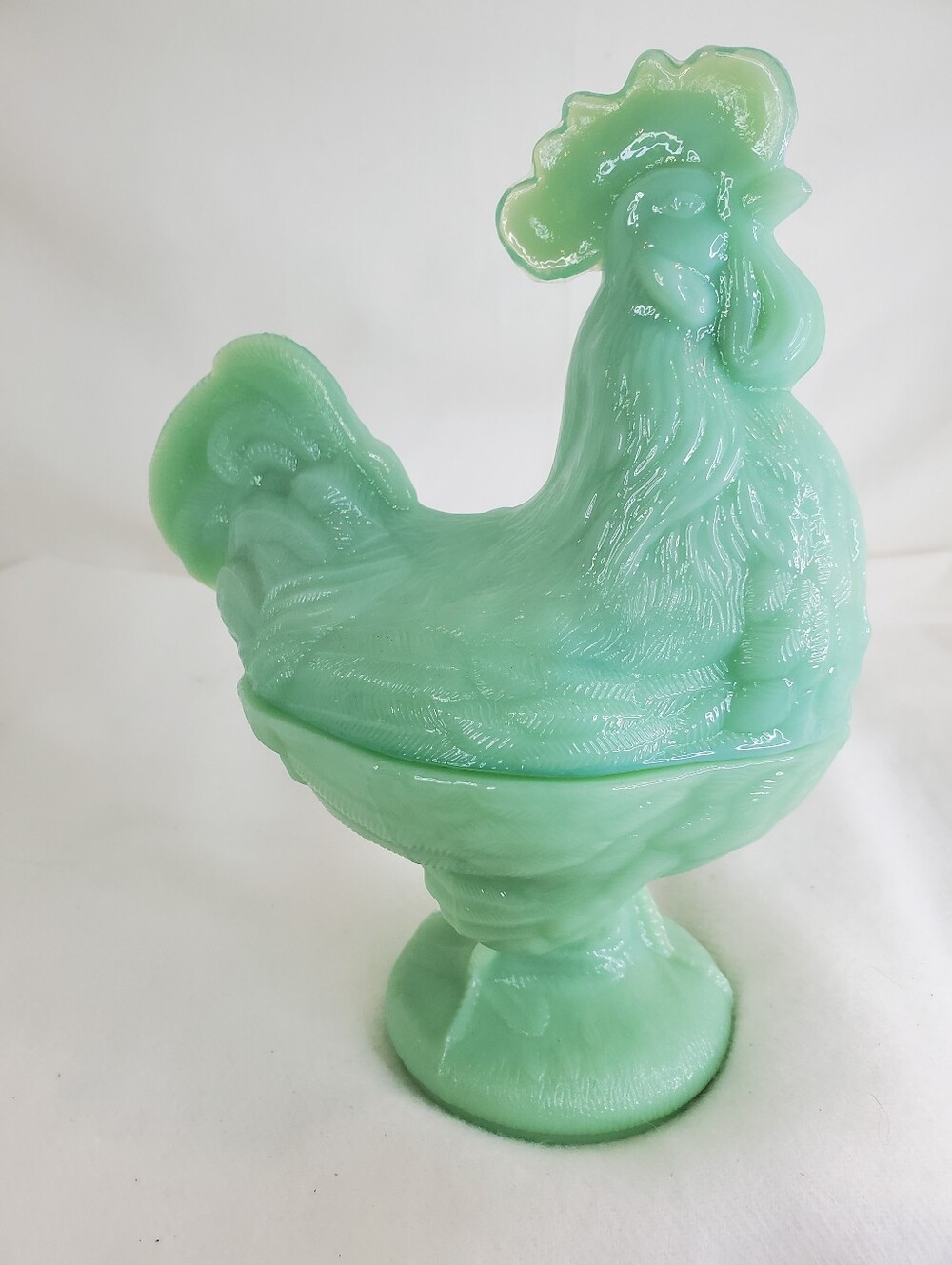Vintage 9.5 - Jadeite Green Glass Rooster Candy Dish